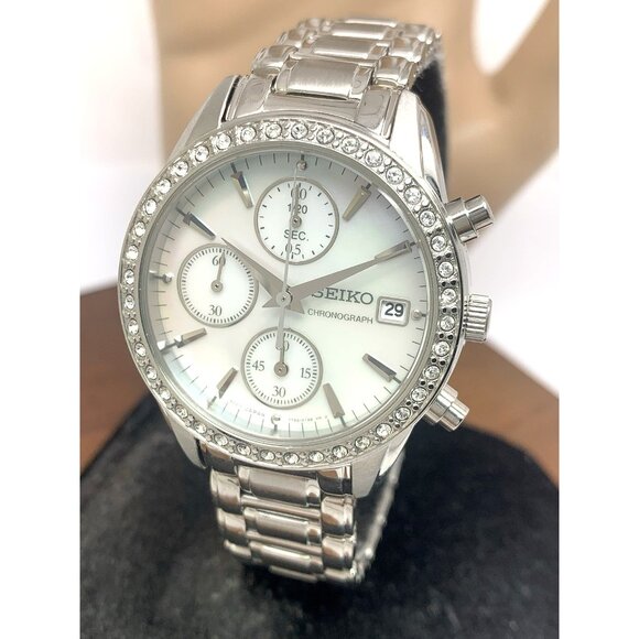 Seiko Women's Watch SNDY21 Quartz Mother of Pearl Dial Chronograph Silver Steel - Picture 1 of 14